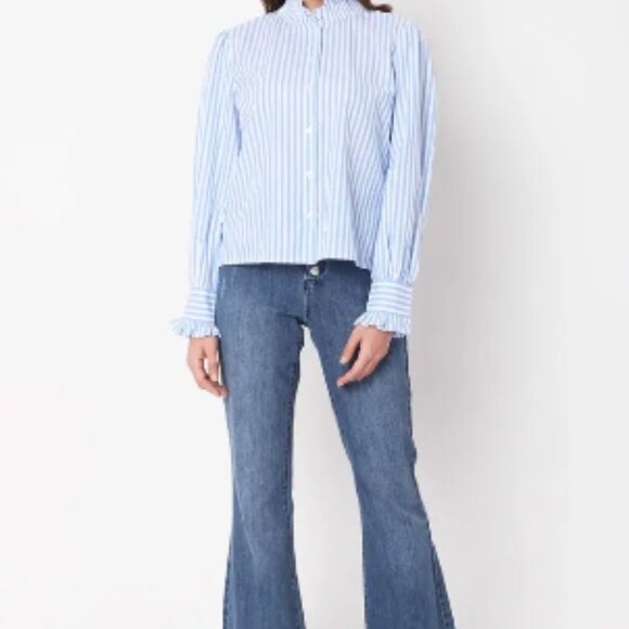 Vero Moda Striped Cotton High Ruffle Neck / Cuffs Women's Button Up Shirt (MED) - Picture 10 of 15